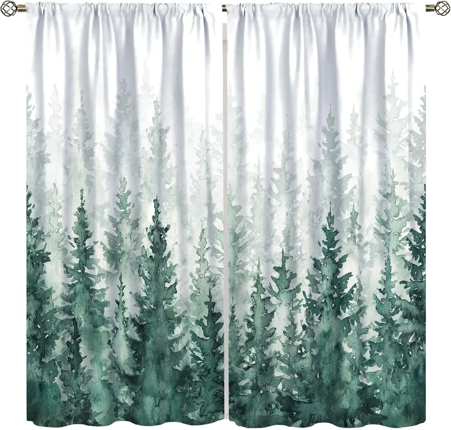 Misty Green Forest Curtains, Watercolor Pine Tree Nature Plant Print, Simple Fresh Home Decor for Kids, Bedroom and Living Room