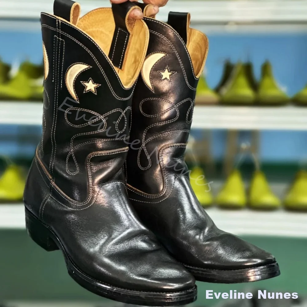 Black Leather Moon Star Cowboy Boots Men Contrast Stitch Pointed Toe Mid Calf Western Boots Retro Riding Fashion Cowgirl Boots
