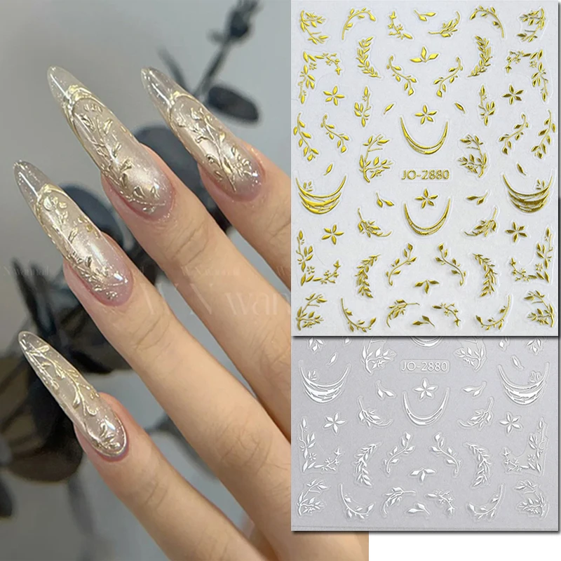 2pcs 3d Nail Art Decals Gold Silver French Lines Leaves Stars Moons Butterflys Nail Stickers Decoration For Nail Manicure