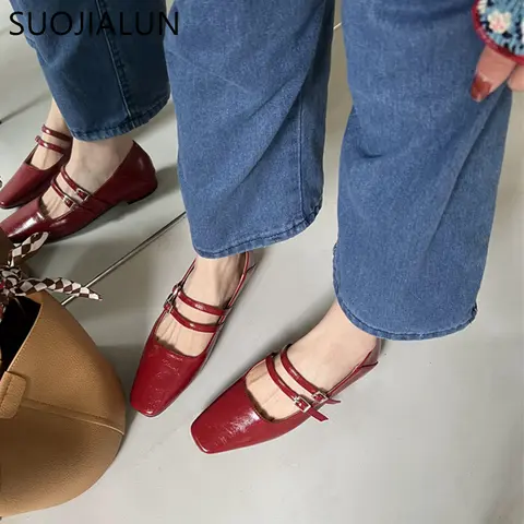 SUOJIALUN 2024 Spring New Women Flat Shoes Fashion Red Ladies Elegant Mary Jane Shoes Flat Heel Casual Dress Outdoor Ballerinas