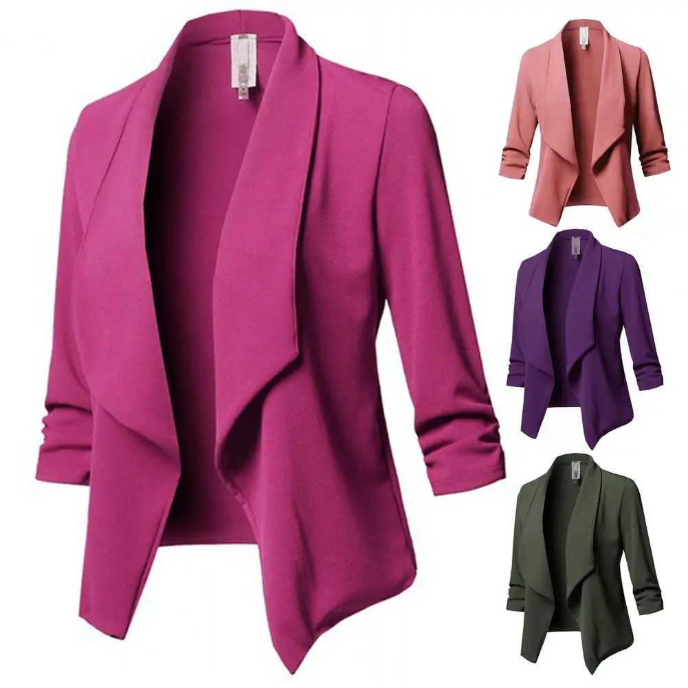 

Women Business Blazer Open Solid Color Three Quarter Sleeves OL Style Lapel Formal Women Suit Jacket Open Stitch Cardigan Coat