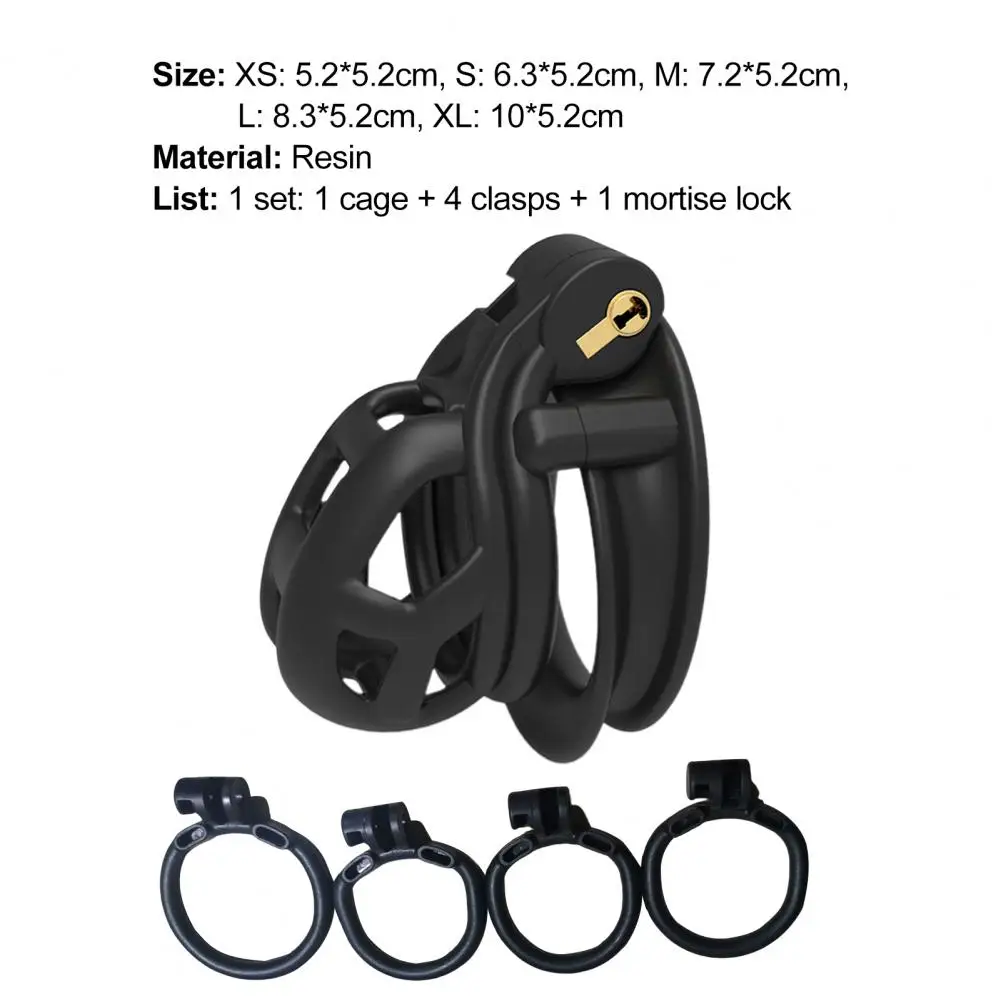 1 Set Male Penis Cage Smooth Surface Male Chastity Device Resin Penis Chastity Cage with 4 Penis Rings Set Home Male Cock Cage