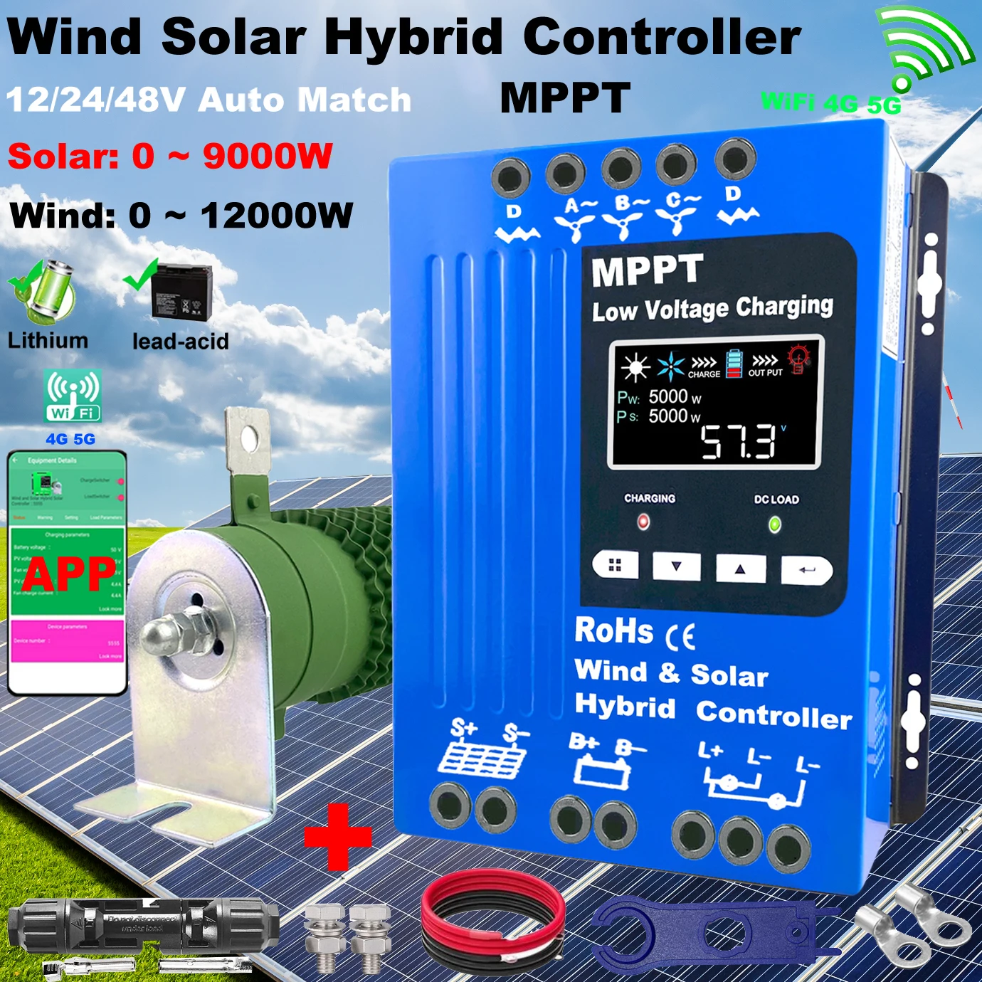 

5000W Hybrid Wind Solar Charge Booster Controller Real MPPT Board With Wifi Monitor Solar Panel Regulator Lifepo4 with Equalizer