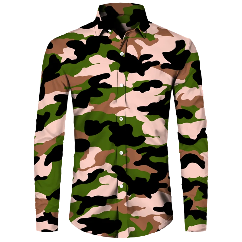 Outdoor Camouflage Print Men\'s Shirts Casual Single-Breasted Blouses Long Sleeve Shirt Streetwear Trend Lapel Tops Men Clothing