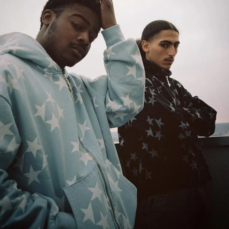 Europa Amerikanischen High Street Star Print Lose Beiläufige Mode Strickjacke Zipper Mit Kapuze Sweatshirt Mantel Herbst Winter männer frauen