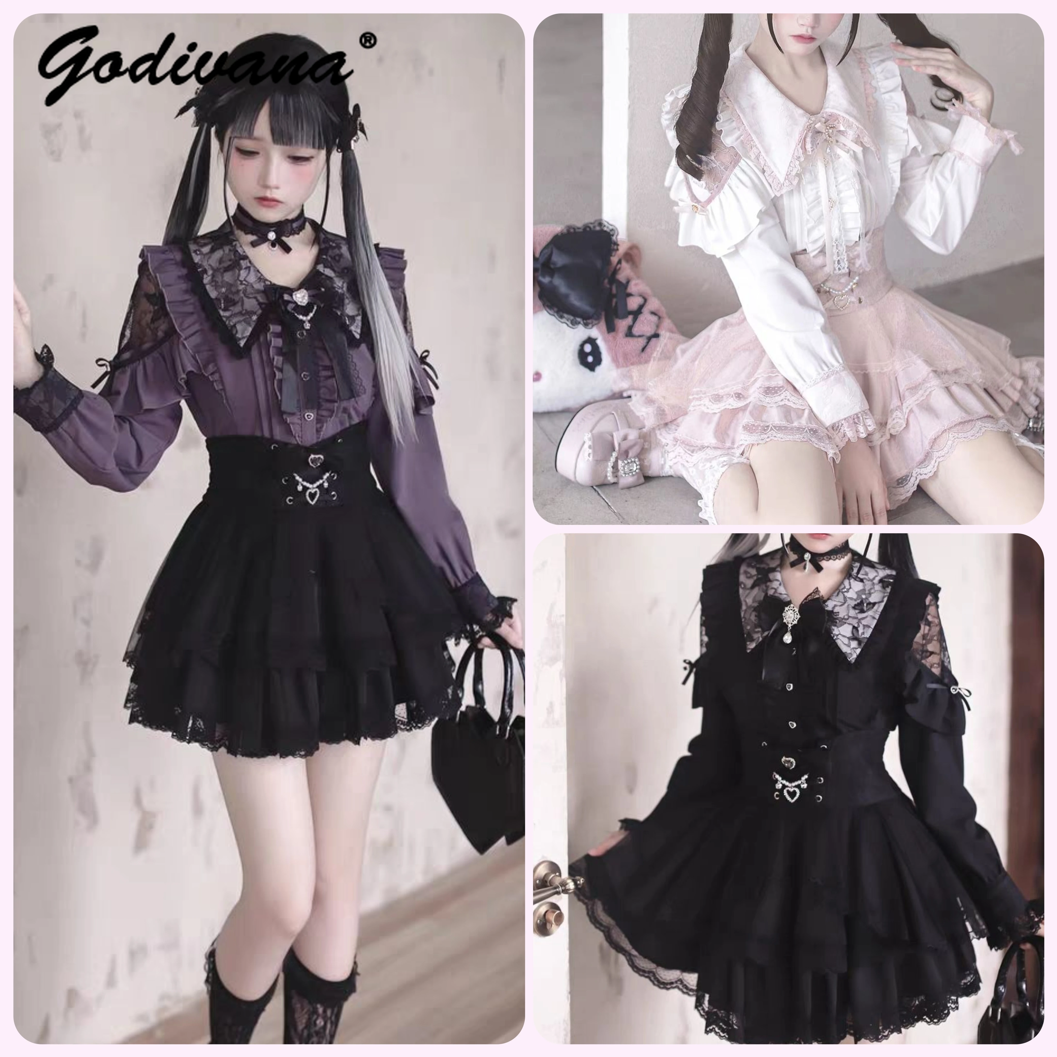 

Japanese Mine New Spring Sweet Girl Women's Lolita Lace Spliced Long Sleeve Shirt Cute Bow High Waist Skirt Subculture Outfits
