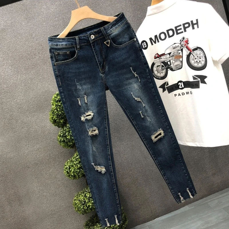 Calças de brim cortadas para homens calças rasgadas quebradas moda coreana rasgada kpop empilhadas tendência 2025 estilo barato com buracos homem calças de cowboy
