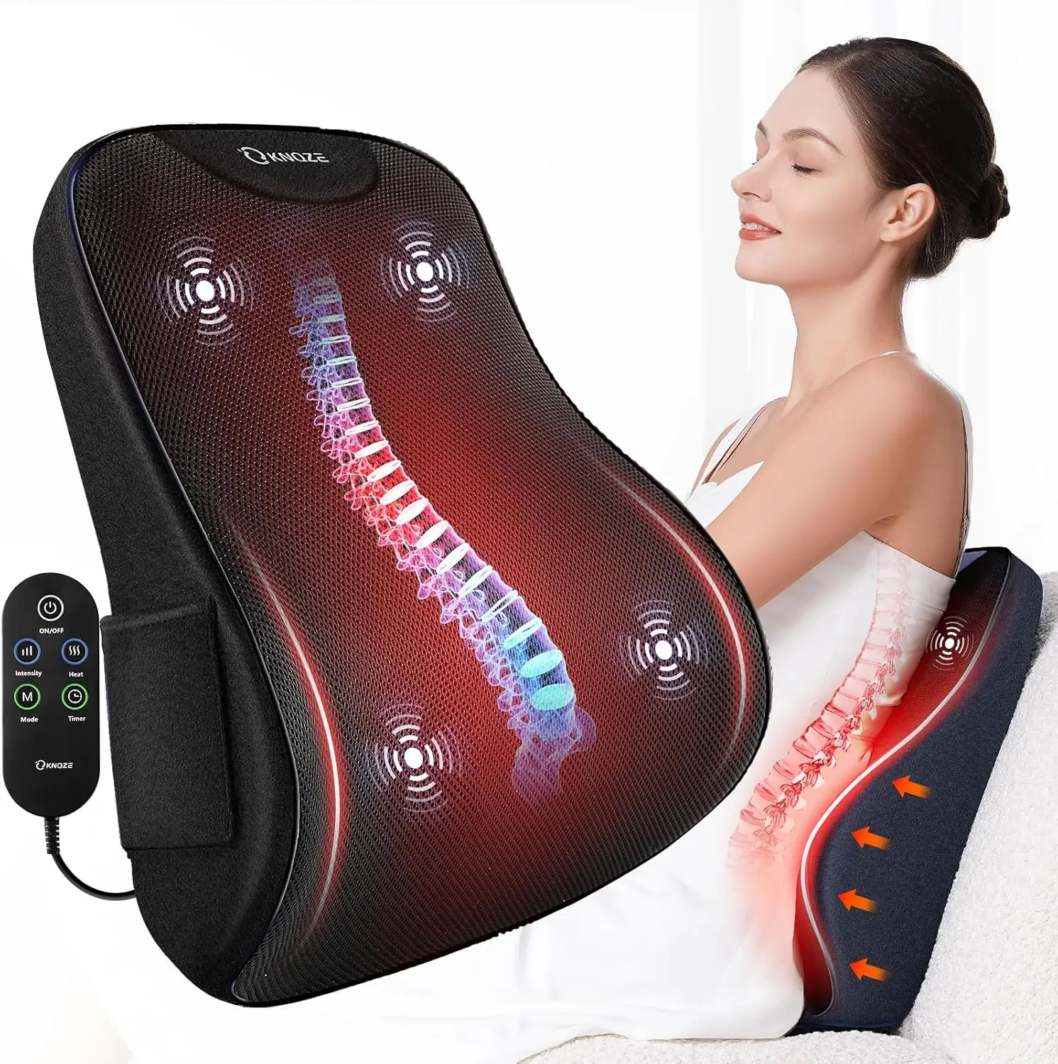 

Heated Lumbar Support Pillow with Vibration Massage, 3 Heat Levels & 4 Motors for Back Pain Relief at Home Office Car - Black