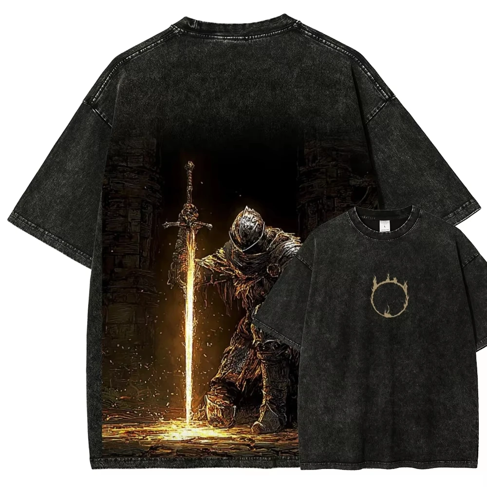 Vintage Fashion Game - クラシックロールプレイングゲーム「ダークソウル」グラフィックプリント ヴィンテージウォッシュTシャツ メンズ レディース ファッション Oネック