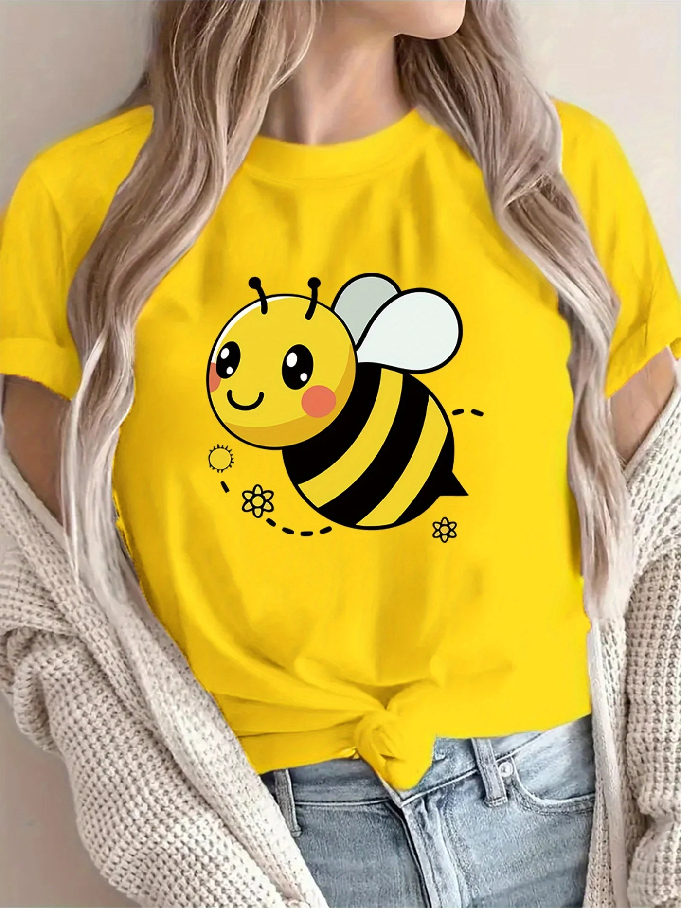 T-shirt d'été à col rond pour femmes, décontracté, à manches courtes, imprimé abeille de dessin animé, respirant, haut pour femmes
