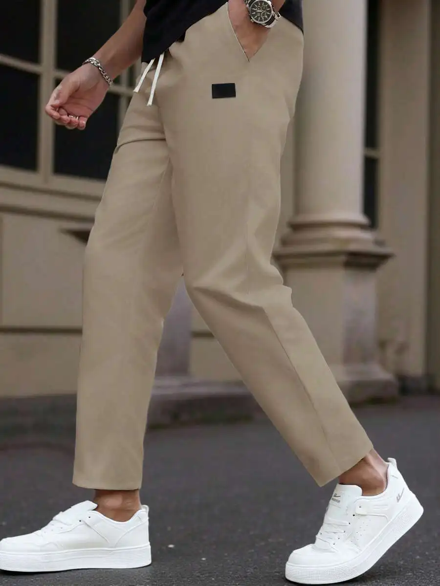 

Men Elastic Waist Drawstring Ankle-Length Casual Trousers Straight Fit Spring Autumn