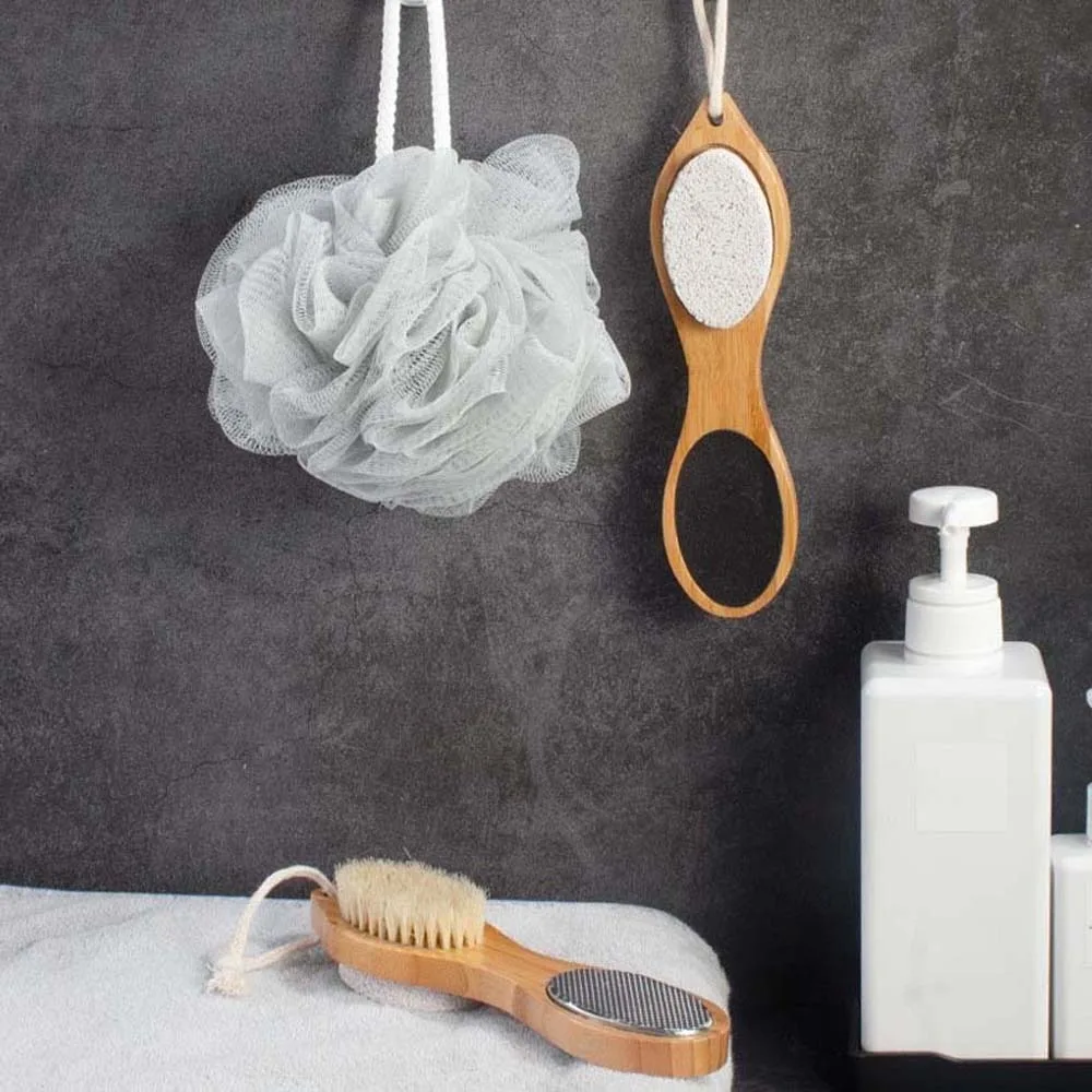 Handheld Wooden Handle Foot File Four in One Design with Hanging Hole Feet Callus Remover Wet and Dry Uses Non-slip Handle