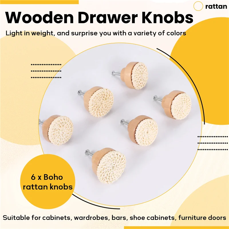 AEE6-Boho Manopole per cassetti in rattan Manopole rotonde per cassetti in legno Intrecciate a mano in vimini e viti per pomelli per mobili Boho Beige