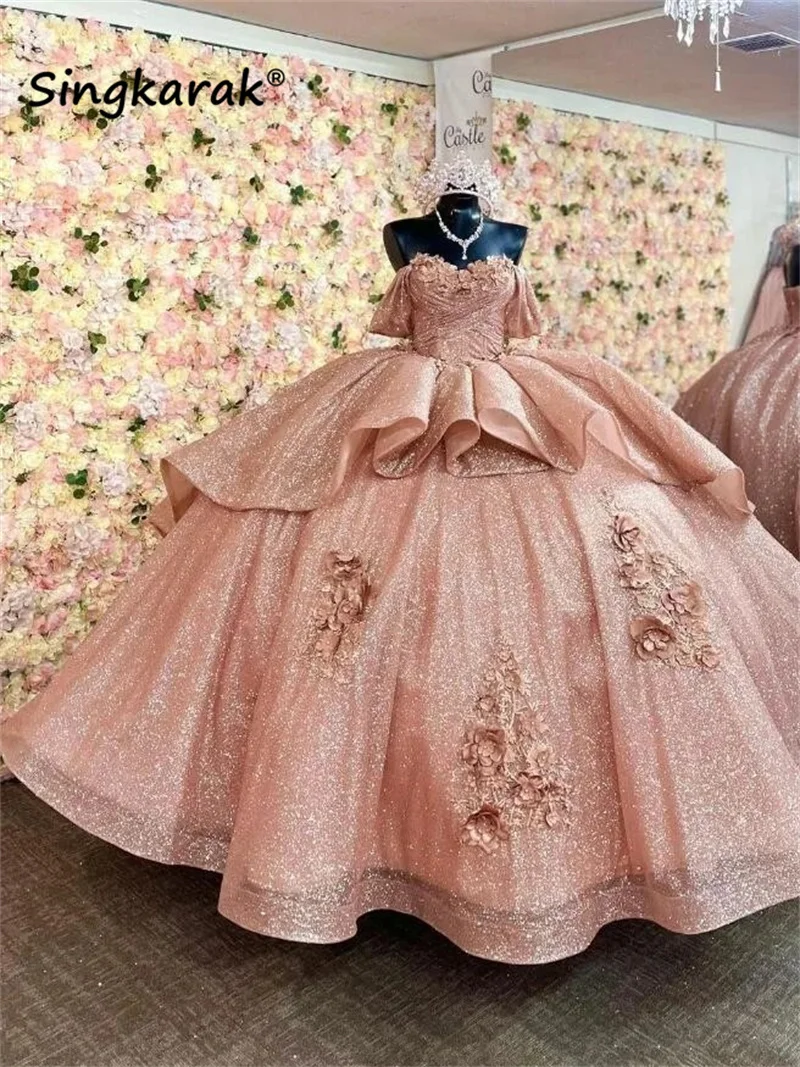 2024 Rose Gold Quinceanera Dress Ball Gown Off The Shoulder Flowers Appliques Beading Pageant Sweet 15 Party Wear Custom