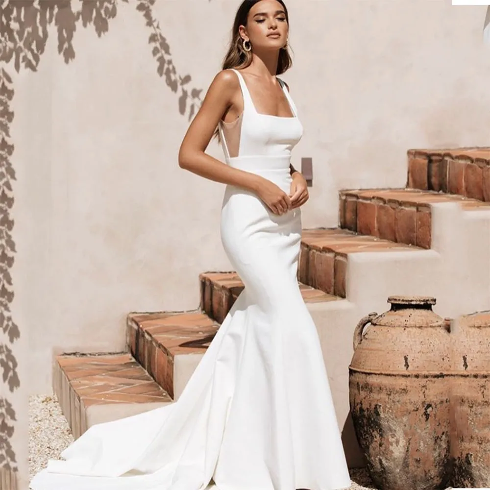 

2025 Square Collar Satin Mermaid Wedding Dress Sexy Spaghetti Straps Chic Boho Bridal Gowns Vestidos De Noiva