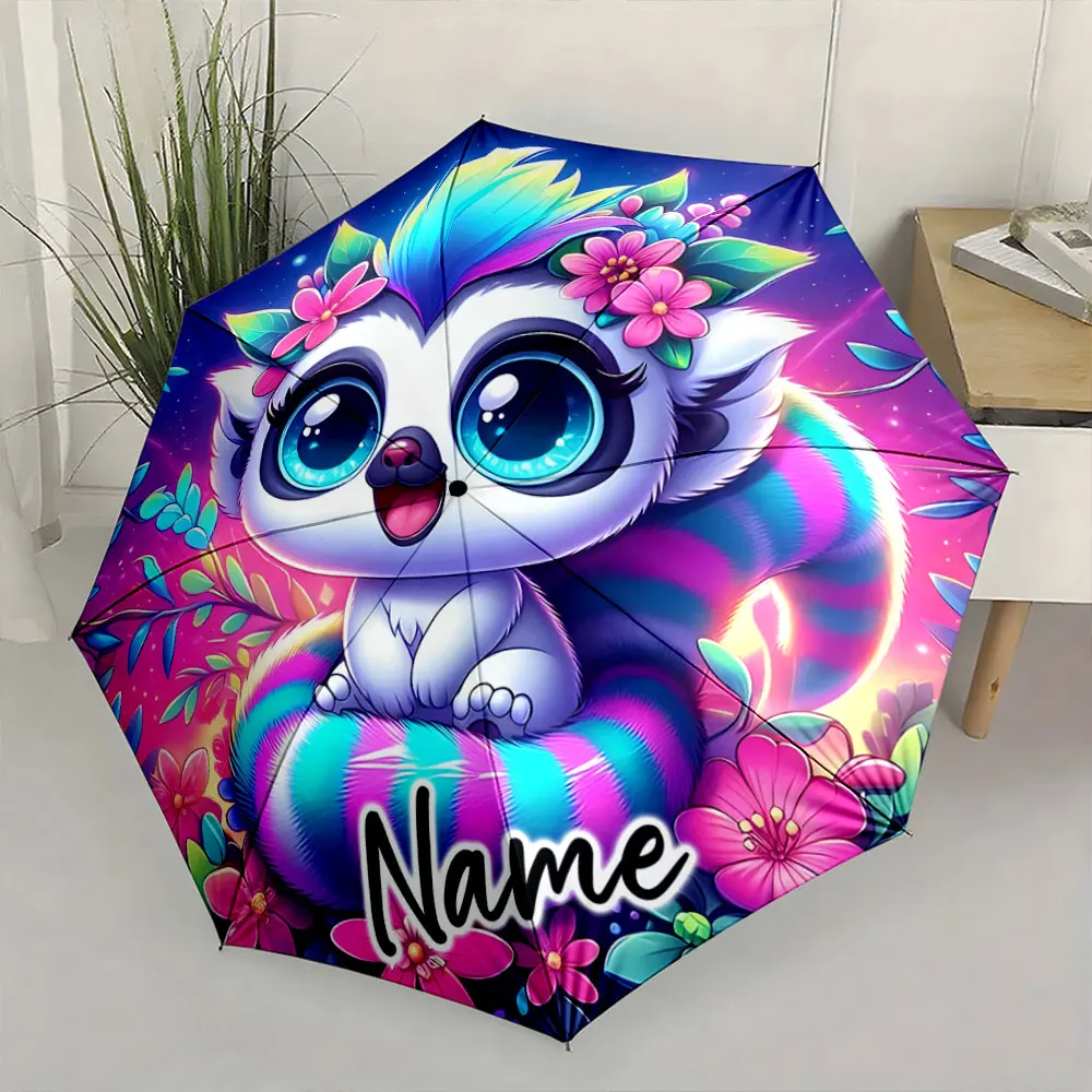 Custom Name Colorful Cartoon Animal Umbrella with Bright Floral Design 8 Iron Ribs Folding Umbrella Auto-Open Fashion Sunshade
