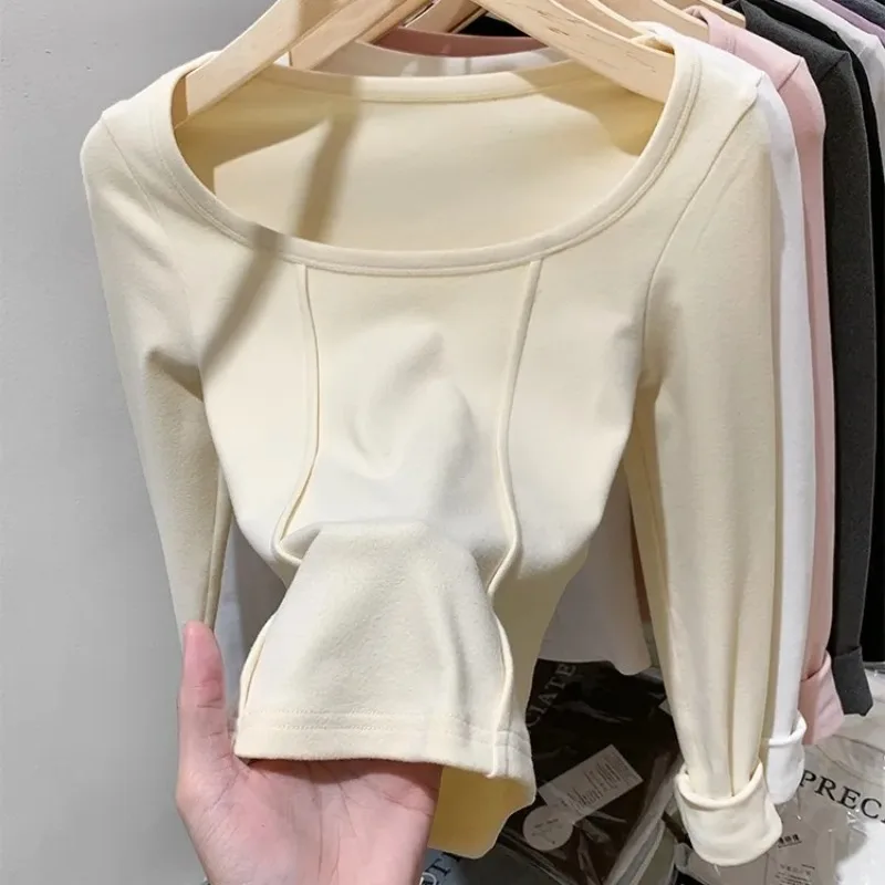 Camiseta térmica de manga larga con cuello cuadrado para mujer, camisa fina con Base de terciopelo, ropa interior de invierno, Top corto ajustado, Jersey