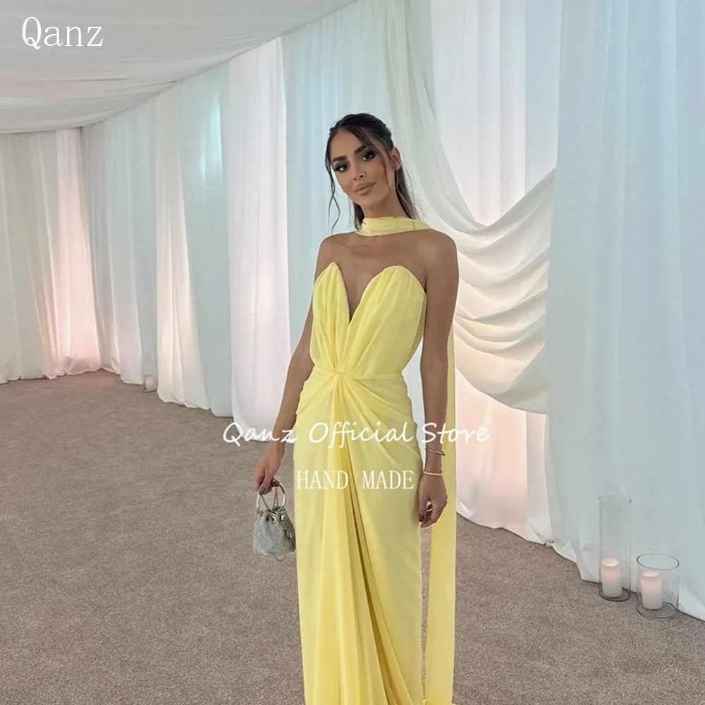 

Qanz Yellow Prom Dresses Sweetheart Chiffon Long Evening Dresses Woman Elegant With Scarf Luxurious Party Dress Customized