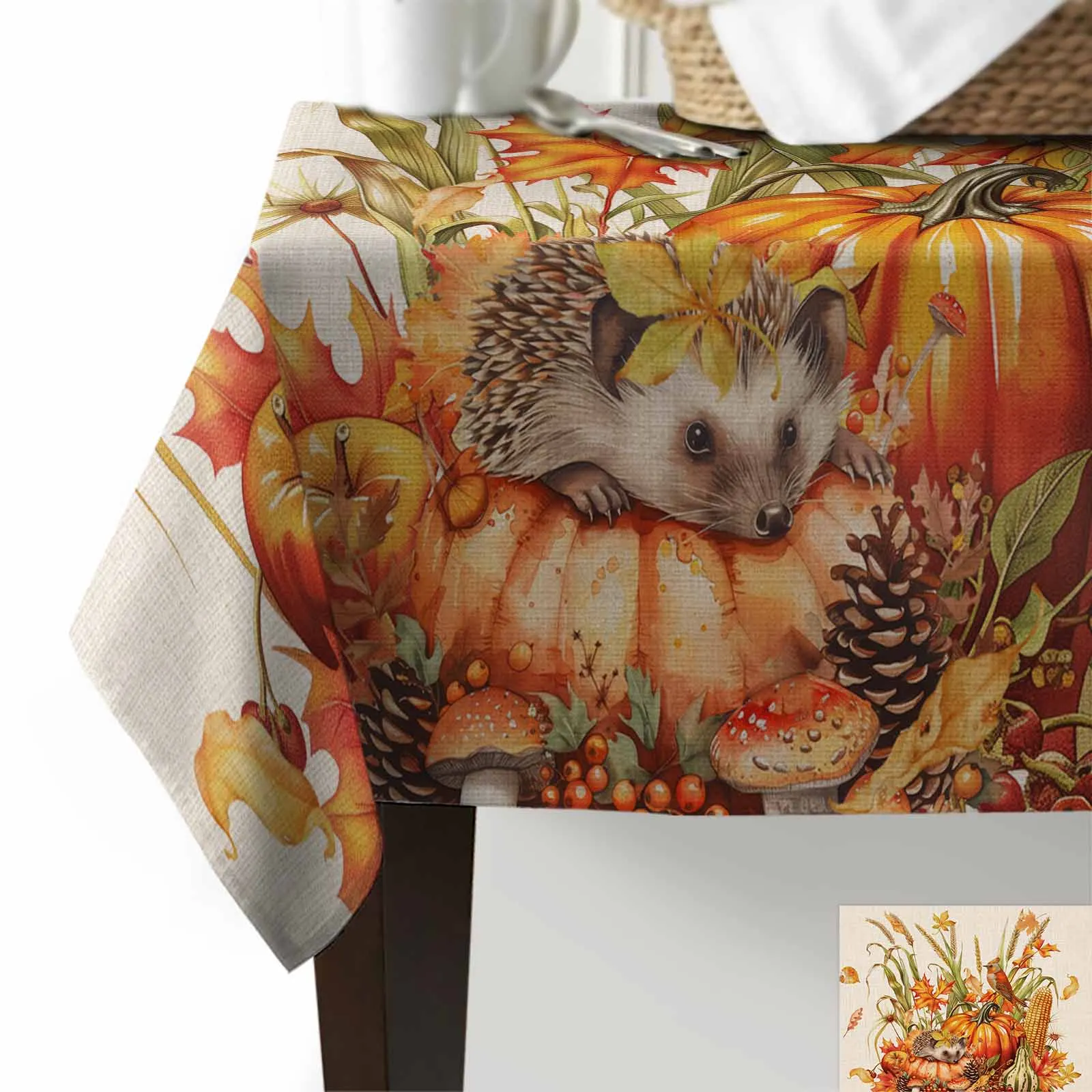 Autumn Pumpkin Wheat Ear Bird Hedgehog Tablecloth Holiday Dining Table Decor Table Cover Rectangular Wedding Decor Tablecloth