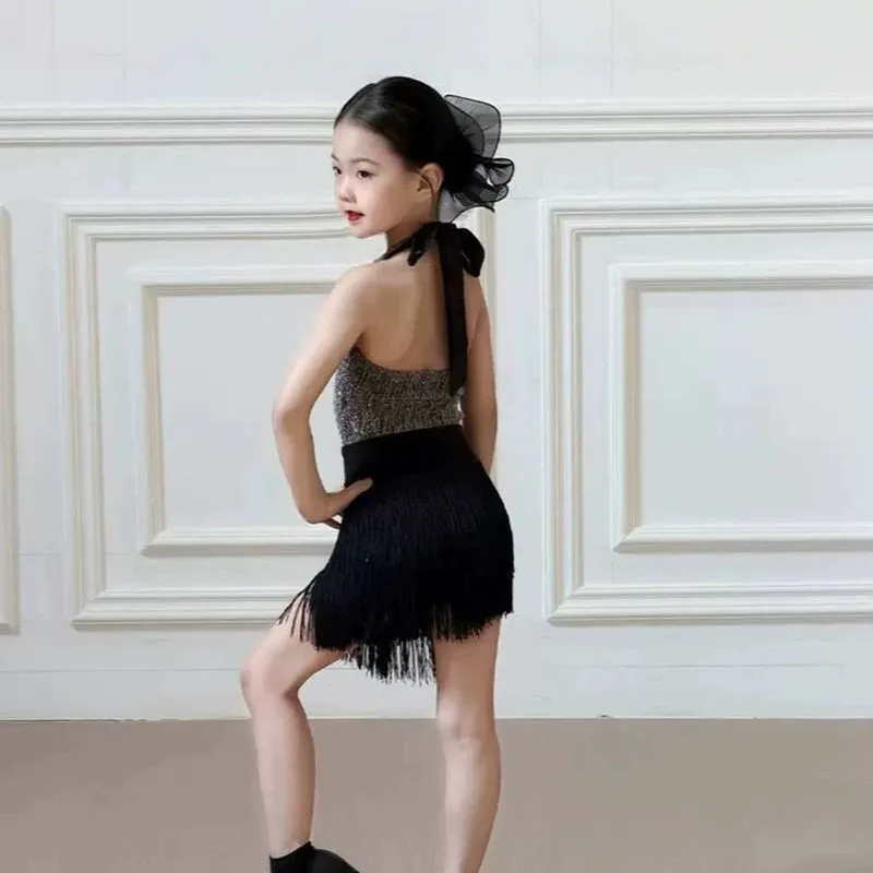 Kids Girls Cha-cha Salsa Latin Dance Costume Shiny Sequins Halter Sleeveless Tassels Leotard Jazz Tango Samba Rumba Outfits