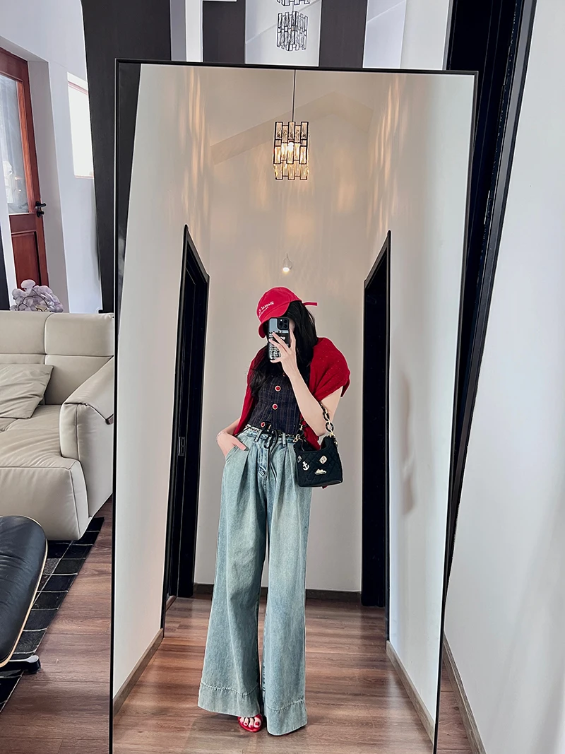 

Джинсы женские с высокой талией, прямые, в пол, широкие штанины, светлые, свободные, драпирующиеся, с эффектом стройности