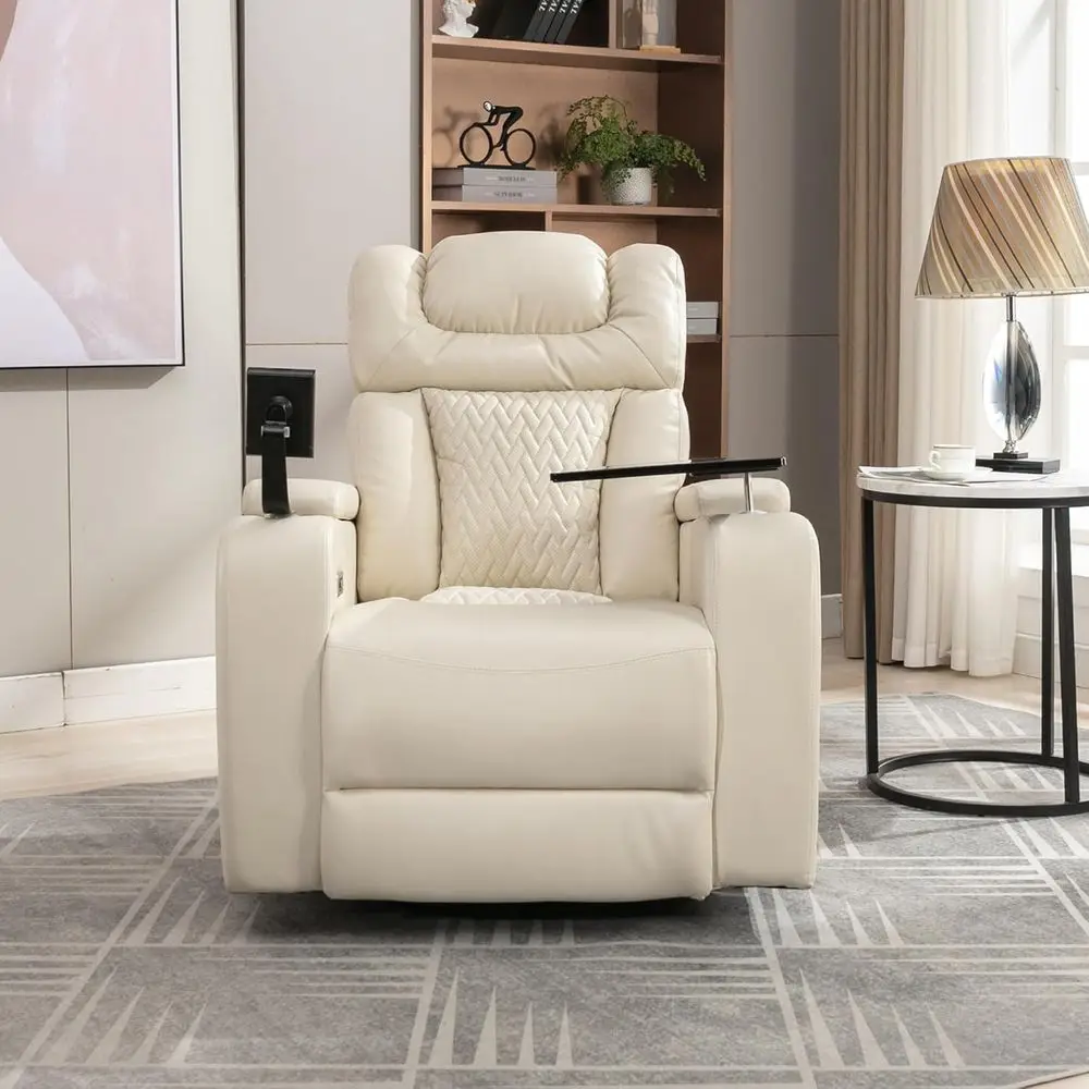 

White 270° Swivel PU Leather Power Recliner with Tray, Cup Holder, USB, and Storage for Home Theater or Living Room