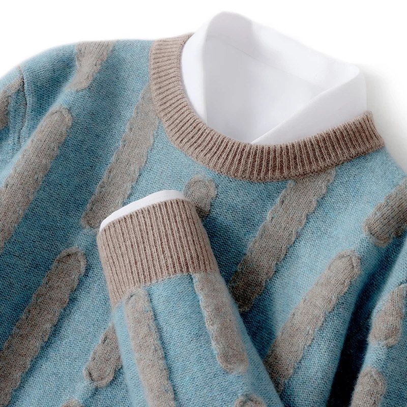 Autumn And Winter New 100 Wool Round Neck Color Matching Thickened Casual Loose Sweater Pullover Cashmere Knitting Bottoming