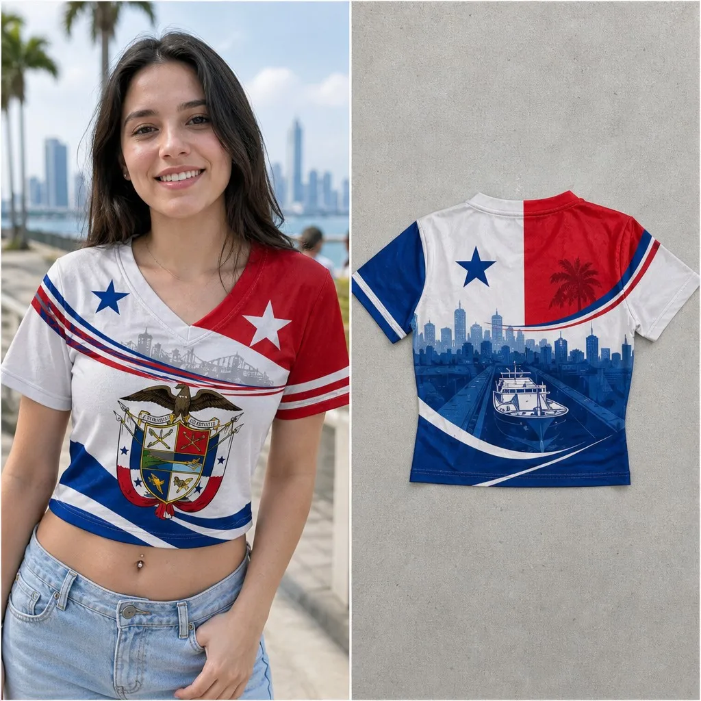 Womens Panama V Neck Short Sleeve Crop Tops Flag Crest Skyline Boat Graphic Casual Summer Shirt for Street Travel and Daily Wear