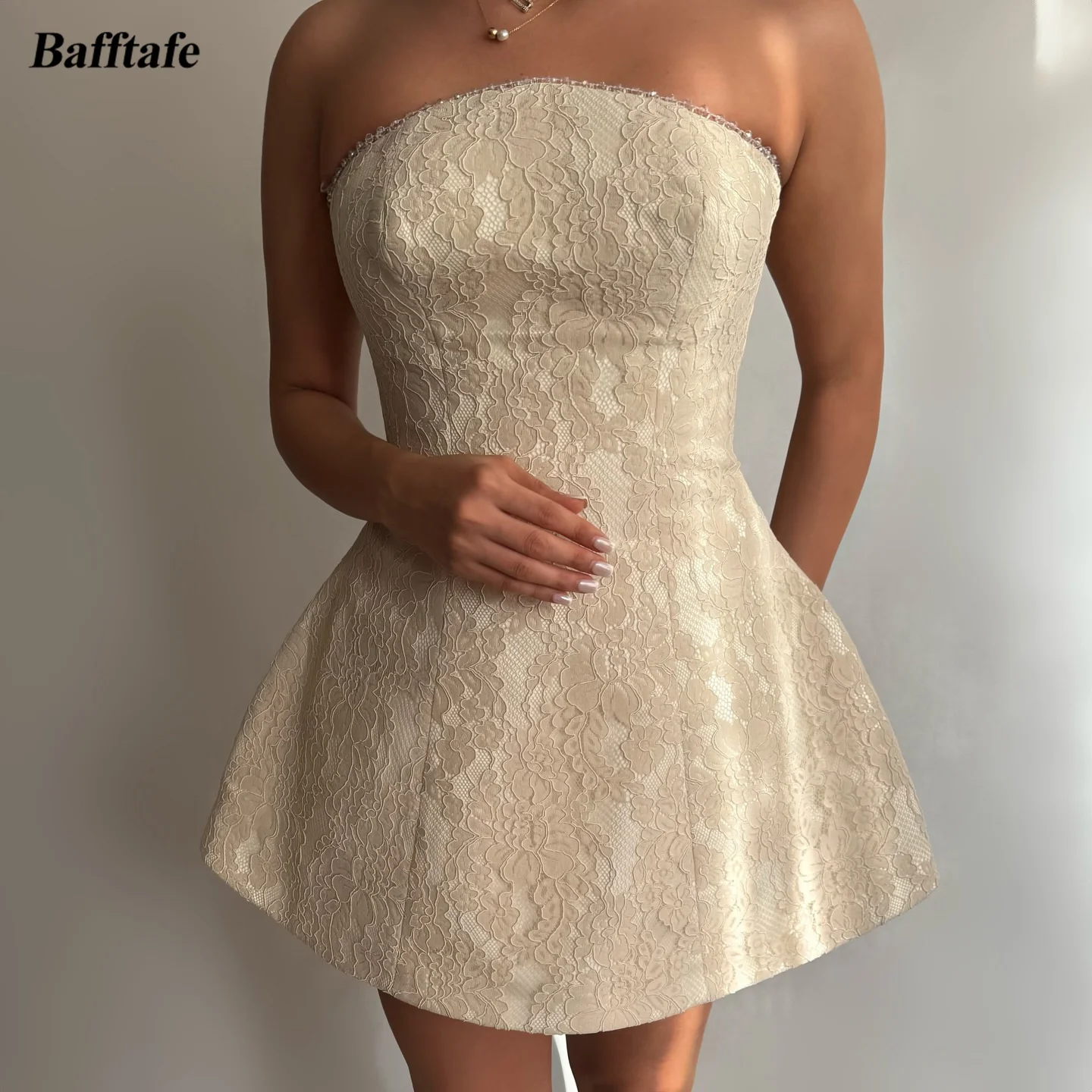 

Bafftafe Champagne Lace Women's Prom Dresses Customized A Line Above Knee Mini Formal Party Homecoming Special Graduation Gowns