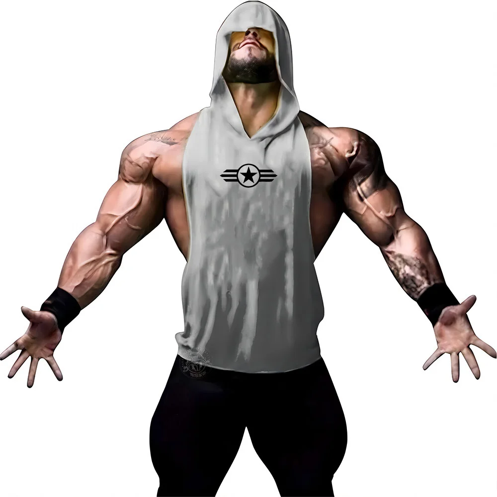 

Summer gym workout Sleeveless hooded vest Quick drying top Men's casual sports hooded vest Fitness Breathable tops T-shirt