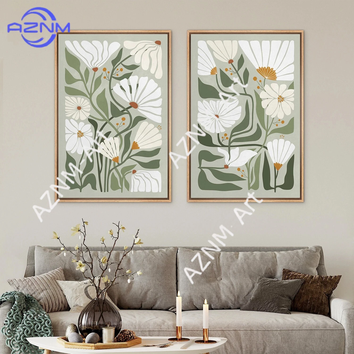 1 Stück/2 Stück Leinwand-Wandkunstdrucke Abstrakter Grüner Botanischer Blumendruck Wildblumen Boho Wandkunst Wohnzimmer-Dekoration