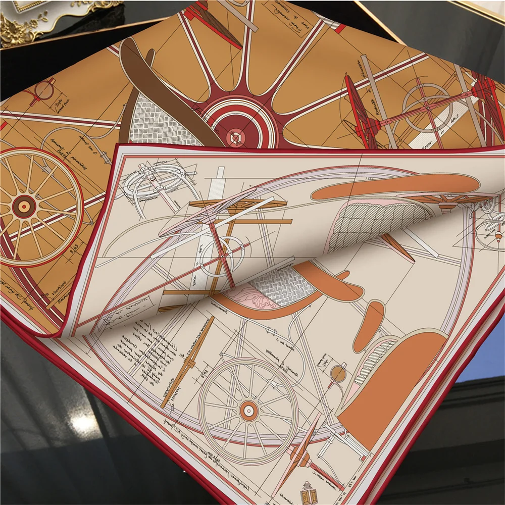 POBING اليد توالت حك وشاح حريري المرأة عجلة مزدوجة مطبوعة أوشحة مربعة يلتف Echarpes Foulards فام الحجاب 90 سنتيمتر #2