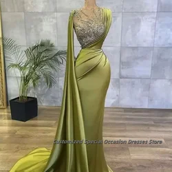 Olive Green Evening Dresses High Neck Stain Party Gown For Women 2025 Silver Diamond Applique Mermaid formal Dress Customized