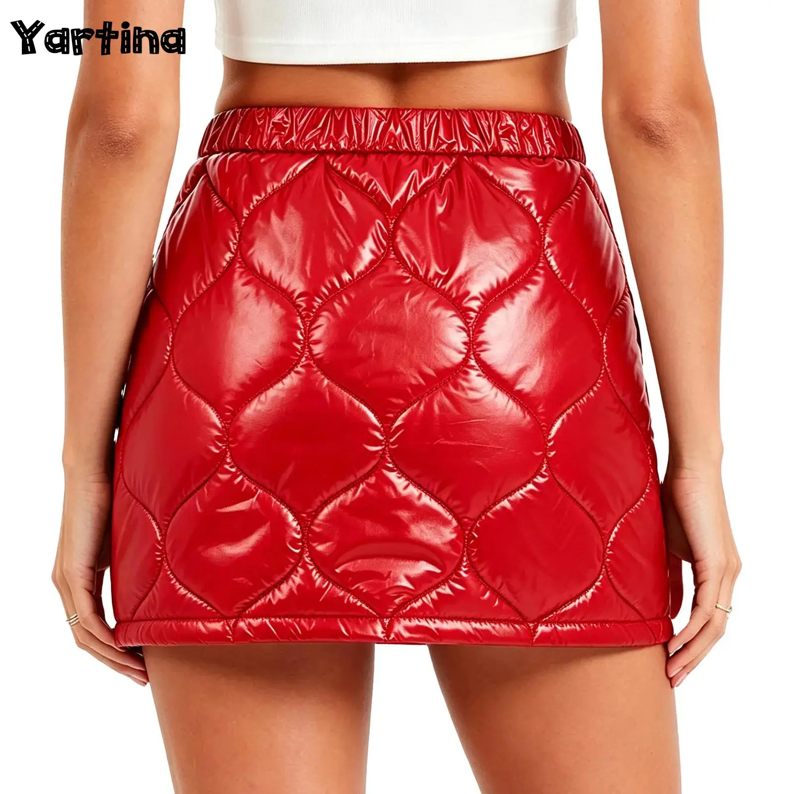 Womens Adult Waterproof Warm Padded Bodycon Skirt Shiny Puffer Side Zipper A-line Short Mini Skirt Glossy Diamond Skirt Clubwear