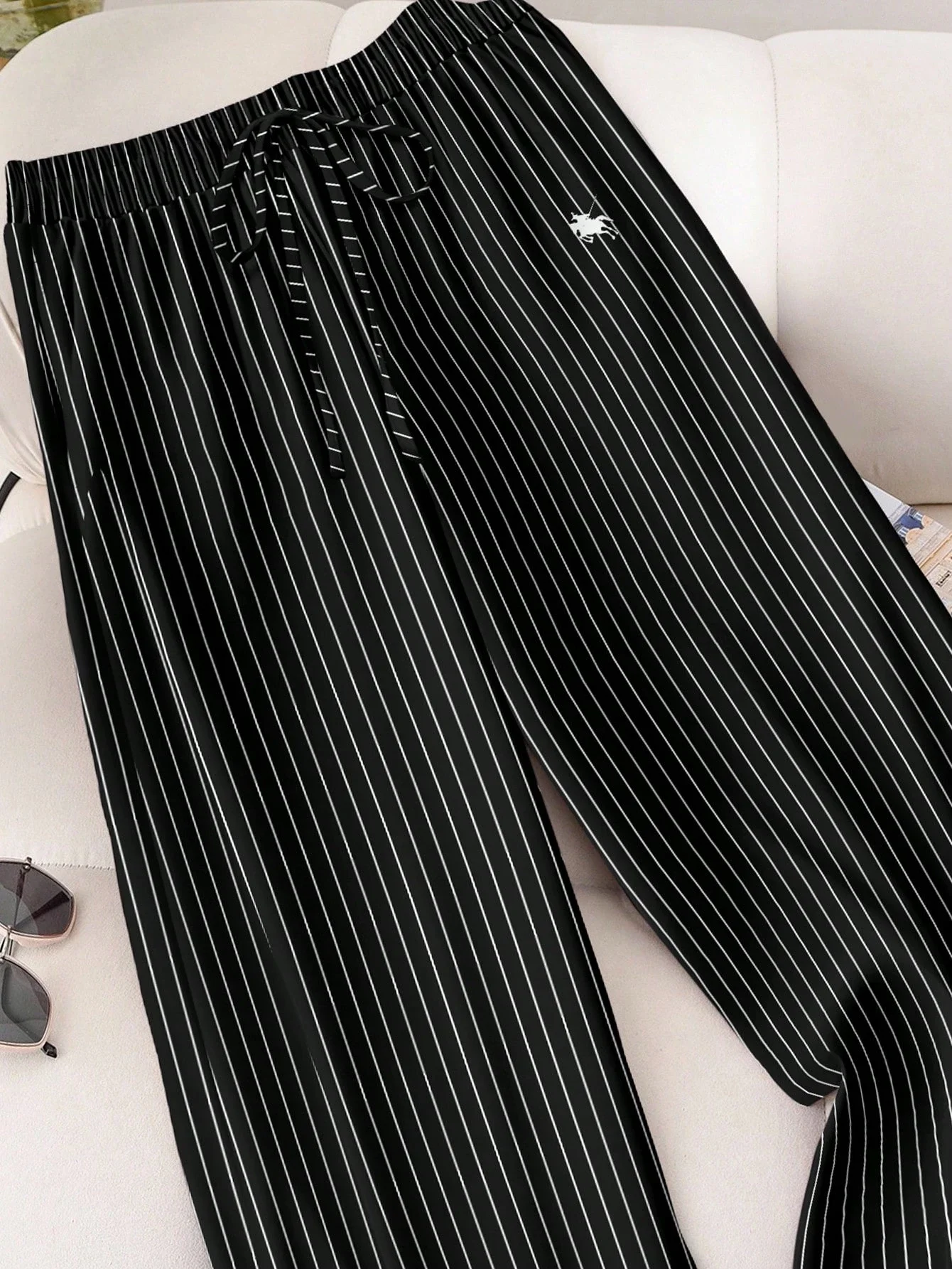 

Women's Black Striped Wide Leg Pants With Pockets High Waist Casual Loose Fit