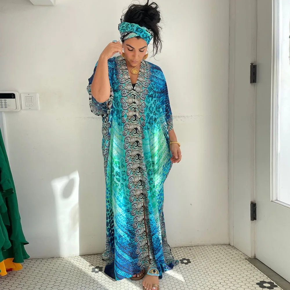 2024 Summer Bikini Women's Long Caftans Print Bathing Suit Cover Up Casual Beach Maxi Dress Abaya Beach Outfits Boho Clothes