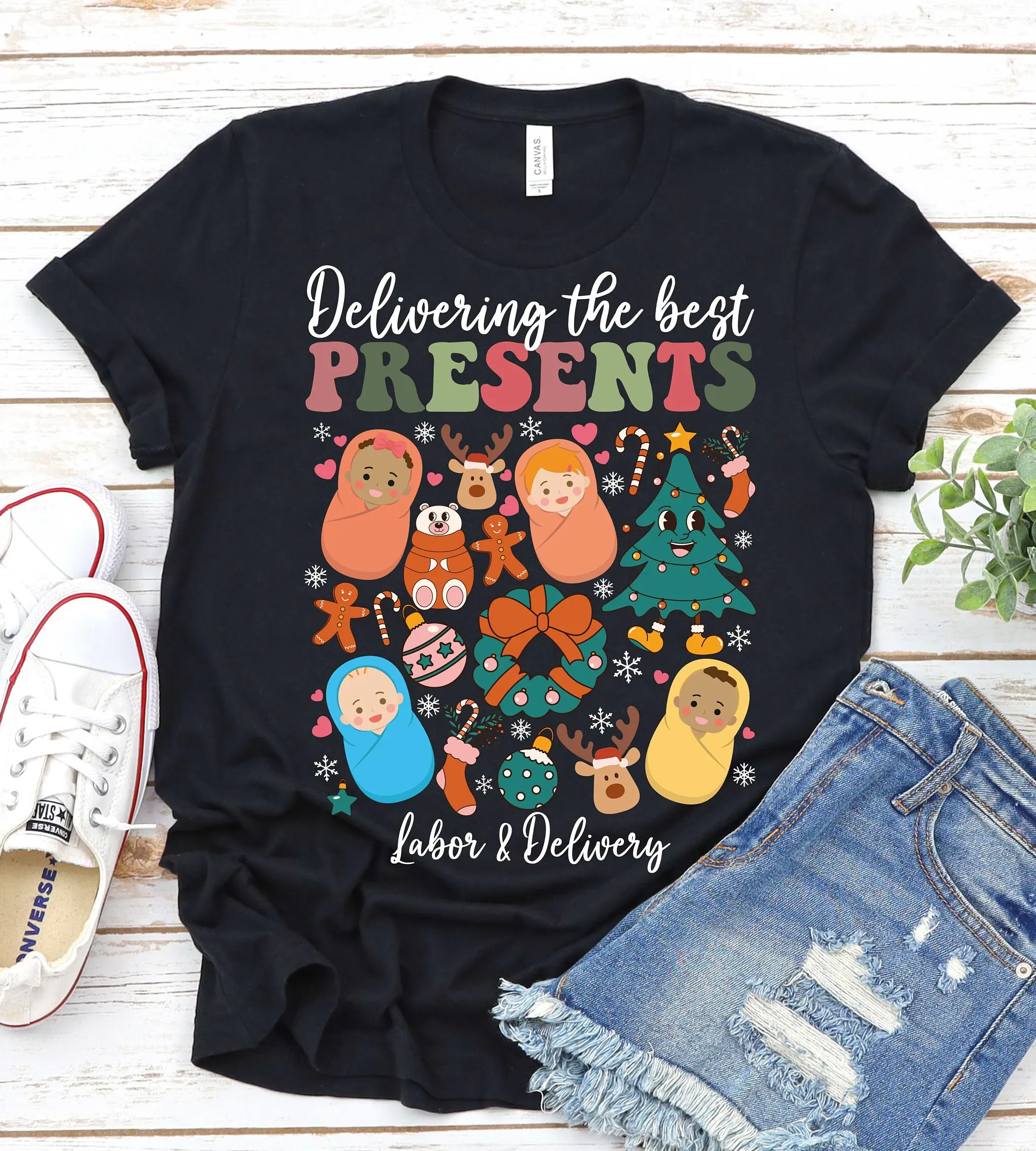 Delivering The Best Presents Labor Delivery Nurse Christmas T Shirt Maternity Retro Mother Baby Obstetric