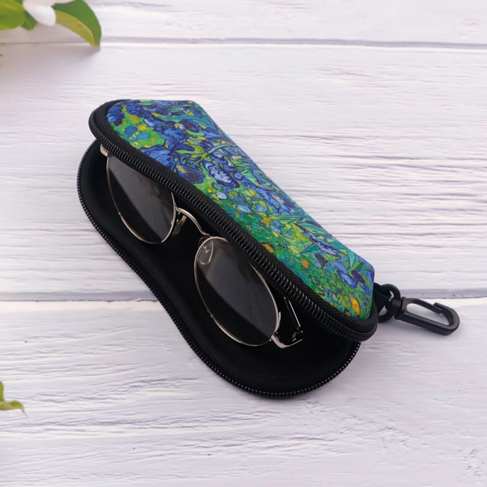 New Oil Painting Print Zipper Eyeglass Case Portable Sunglasses Pouch with Keychain Carabiner Eyewear Storage Protective Bag