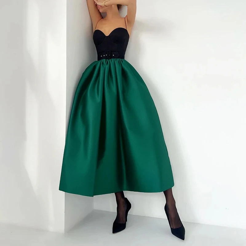

Women Casual Simple Commute Half Skirt Fashion High Waist Solid Color Satin A-line Skirt Summer Elegant Puff Pleated Long Skirts