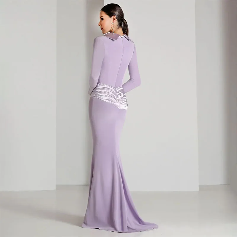 Elegante vestido com decote em V, manga comprida, até o chão, vestidos de baile, manga comprida, bainha, moderno, roxo claro