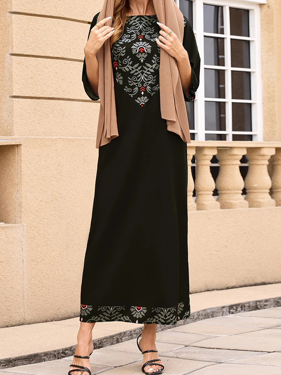 Abito lungo da donna Medio Oriente 3 Abito a maniche 4 Girocollo Stampa Abito casual estivo ampio