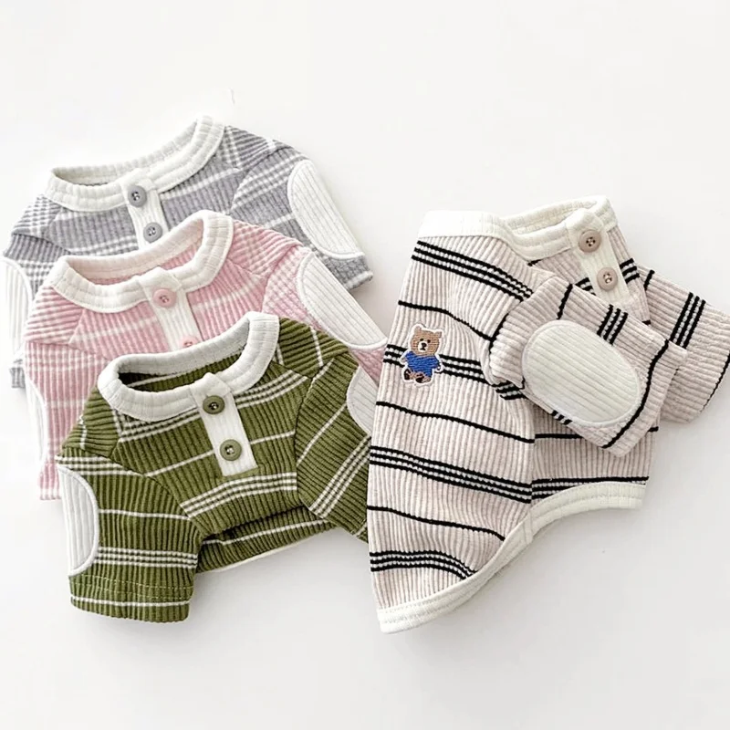 Fashion Dog Clothes Pet Dog Bottoming Shirt Cute Soft Puppy Striped Shirt Chihuahua Two-Legged Clothes Bear Print Cat Pullovers