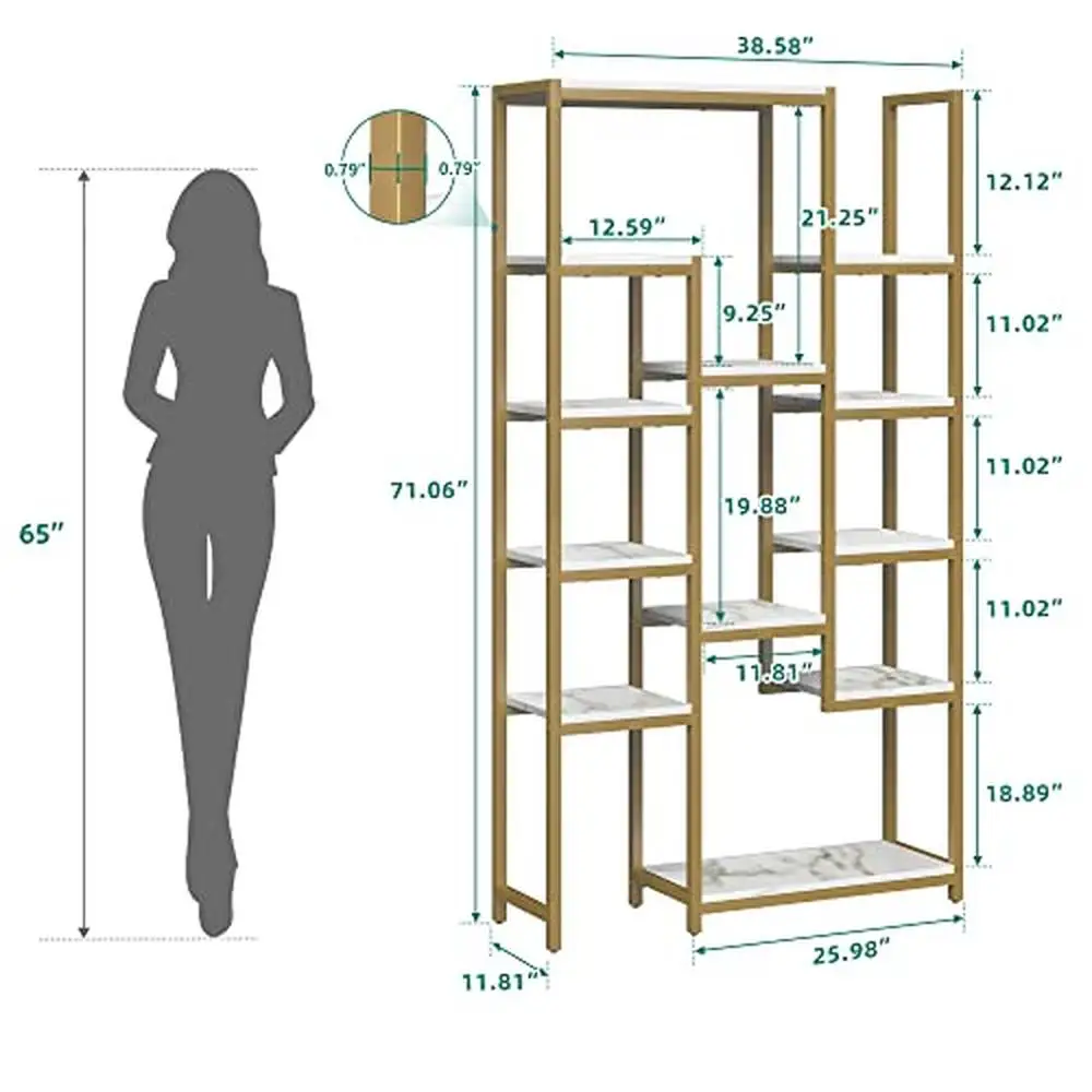 12 Tier Bookcase Modern Marble Gold Metal Frame Display Storage Stand Rack Shelf