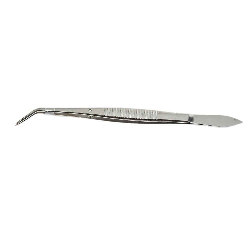 Stainless Steel Bend Chuck Tweezers with Positioning for Dentistry Restoration, Curved Head for Precision Plaque Removal, 15.7cm
