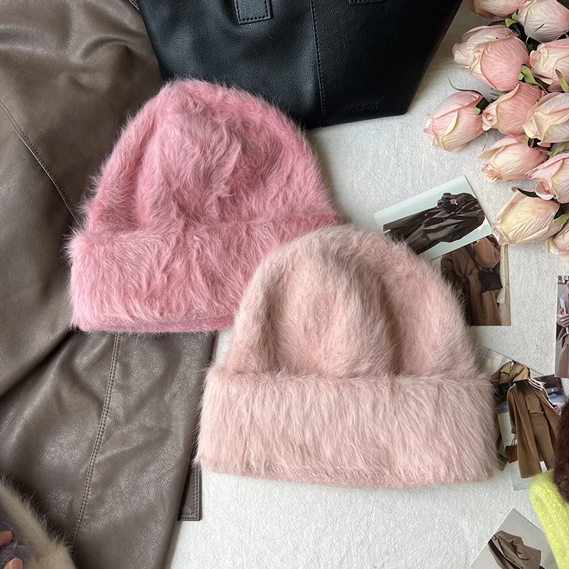 2023 neue Mode Kaninchen Fell Y2k Mützen für Frauen Weiche Warme Flauschigen Angola Winter Hut Weibliche Winddicht Motorhaube Hut Skullies Kappe – Detail 26