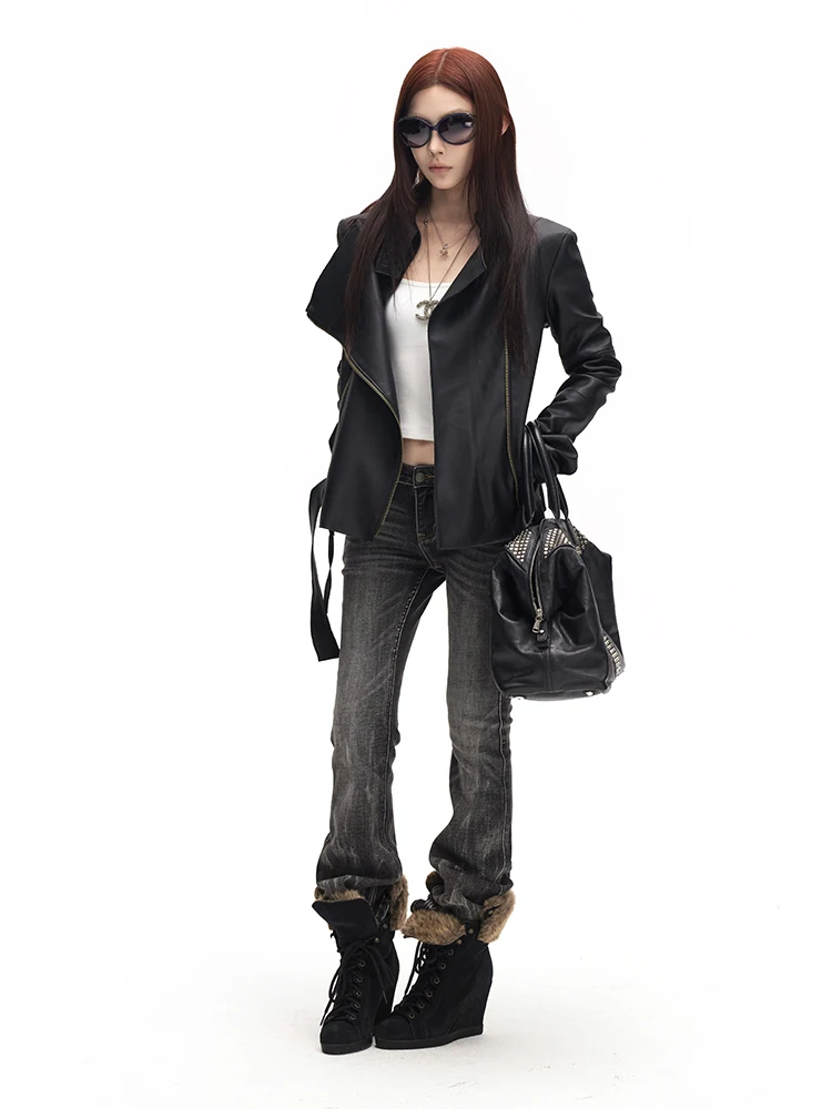 Lautaro Spring Autumn Cool Handsome Soft Black Pu Leather Jacket Women Long Sleeve Double Zippers Luxury Clothes Runway Fashion