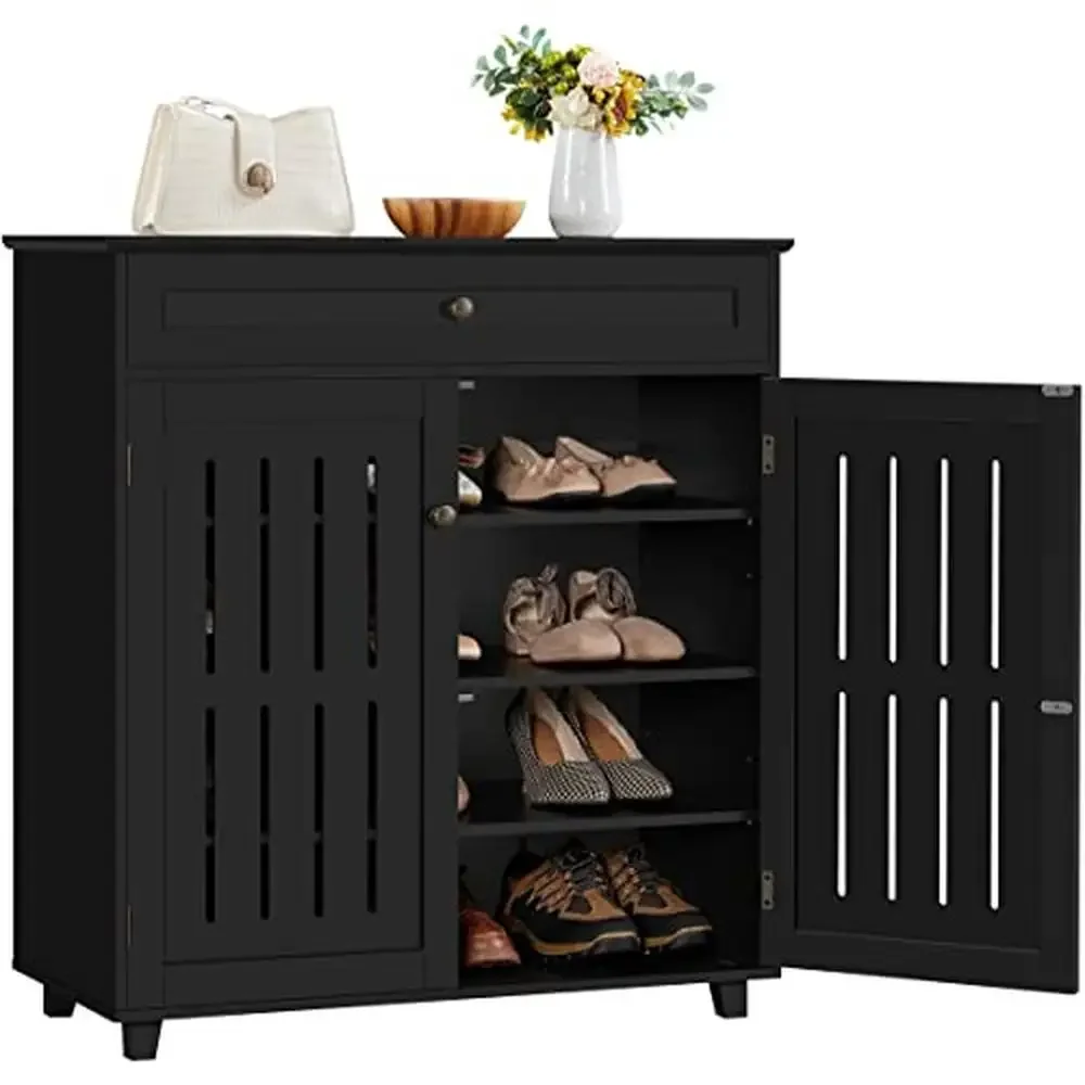 4-Tier Shoe Cabinet Drawer Entryway Bathroom Living Room Black Storage Shelf Rack