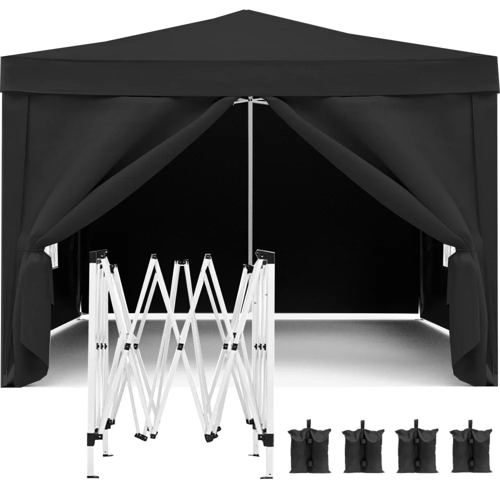 10'x10' Folding Canopy with 4 Removable Sidewalls Outdoor Event Shelter Tents Camping EZ Pop Up Canopy 4pcs Weight Bag Carry Bag