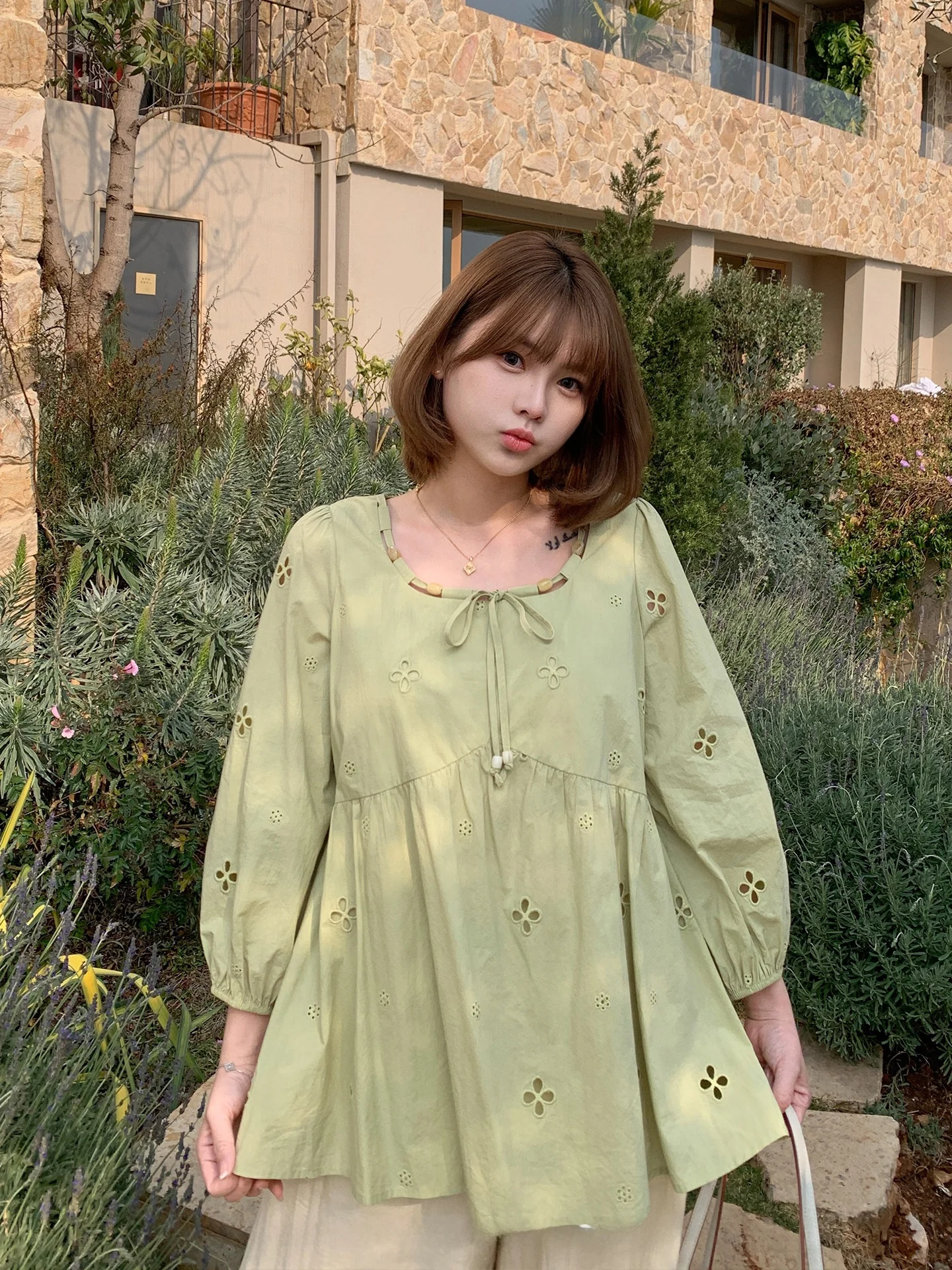 

Large Size Embroidered Hollow out Shirt with Tie Neck Design Casual Style Spring Cotton Blouse for plus Size Women