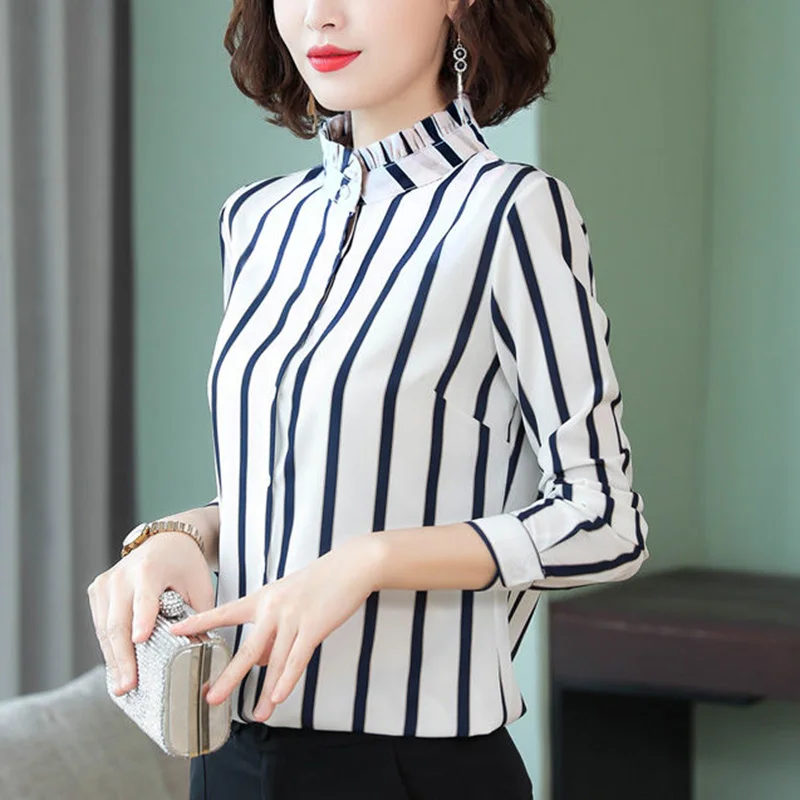 Elegant Lapel Button All-match Striped Shirt Women's Clothing 2023 Autumn New Oversized Casual Tops Loose Office Lady Blouse
